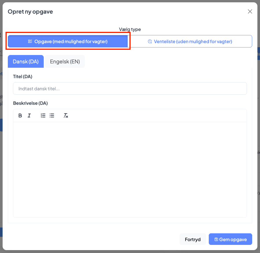 Opret ny opgave dialog