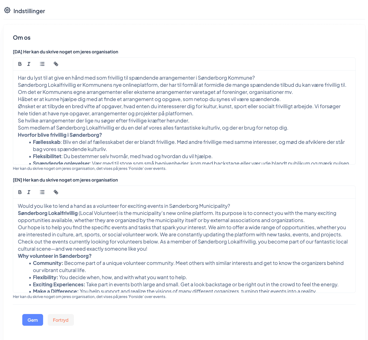 Om os formular i Indstillinger