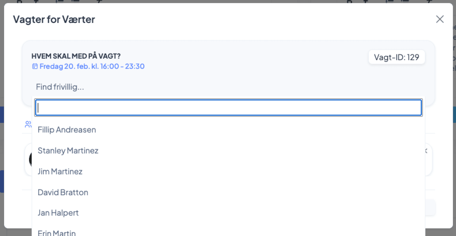 Søg efter frivillig til tildeling