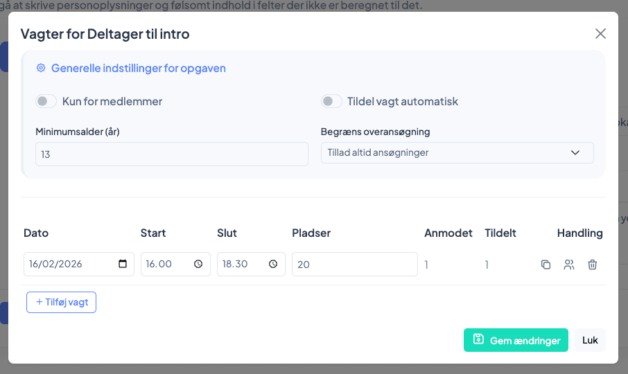 Vagter opsætningsvisning